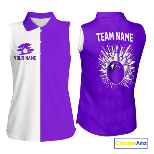 Purple and white Retro Bowling Women sleeveless Polo Shirt Custom team bowling jersey gift for Bowler NQS10145