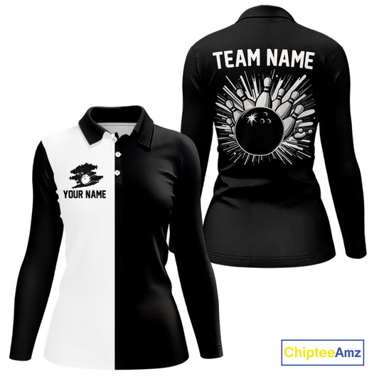 Black and white Retro Bowling shirts For Women Custom team bowling jerseys gift for Bowlers NQS10146