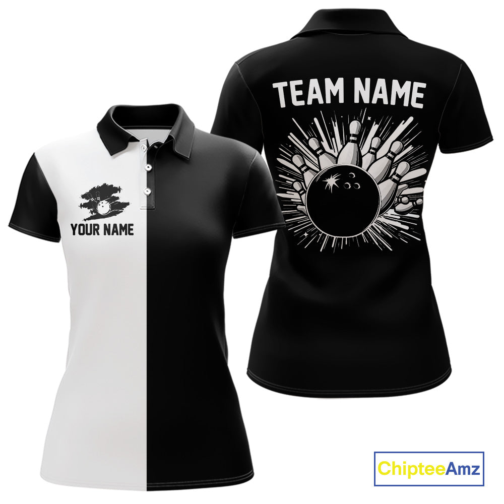 Black and white Retro Bowling shirts For Women Custom team bowling jerseys gift for Bowlers NQS10146