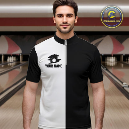 Black and white Retro Bowling shirts For Men Custom team bowling jerseys gift for Bowlers NQS10146