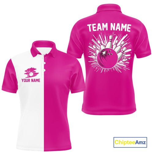 Pink and white Retro Bowling shirts For Men Custom team bowling jerseys gift for Bowlers NQS10147