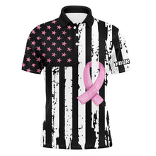 Load image into Gallery viewer, Black white Pink ribbon American Flag Men golf polo shirts custom Breast Cancer awareness golf shirts NQS8284
