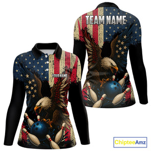 Vintage American Flag Eagle Bowling Shirt For Women Custom Patriotic Retro Team bowling jerseys NQS10475