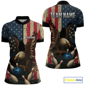 Vintage American Flag Eagle Bowling Shirt For Women Custom Patriotic Retro Team bowling jerseys NQS10475