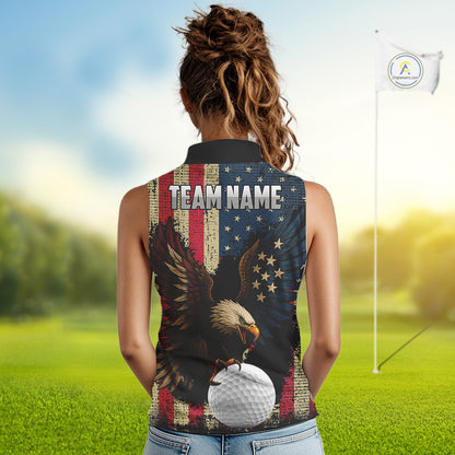 Vintage American Flag Eagle Sleeveless Golf Polo Shirt Custom Patriotic Retro Team ladies golf attire NQS10476