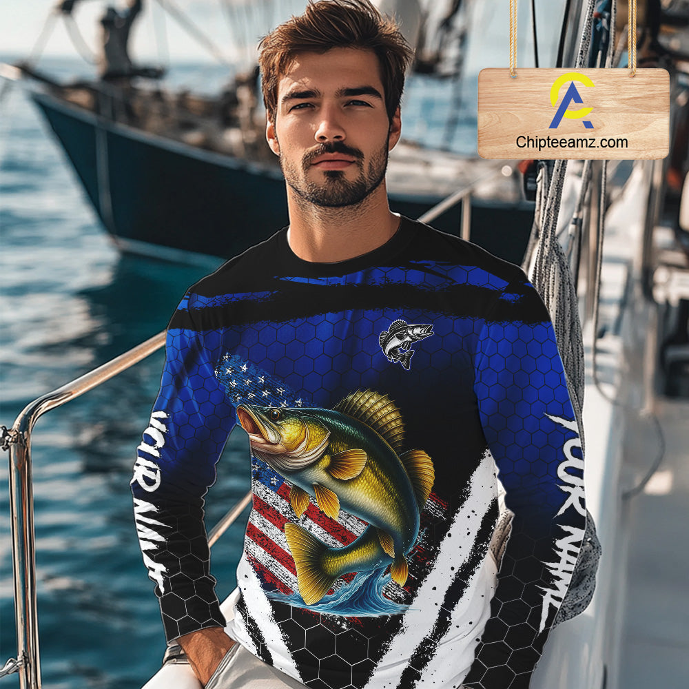 Walleye fishing American Flag Custom patriotic long sleeve team Walleye fishing shirts | Blue NQS10686