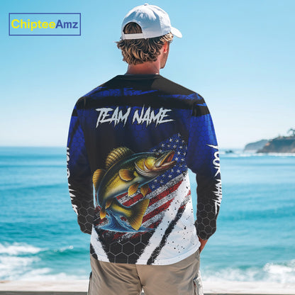 Walleye fishing American Flag Custom patriotic long sleeve team Walleye fishing shirts | Blue NQS10686
