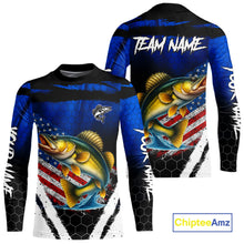 Load image into Gallery viewer, Walleye fishing American Flag Custom patriotic long sleeve team Walleye fishing shirts | Blue NQS10686