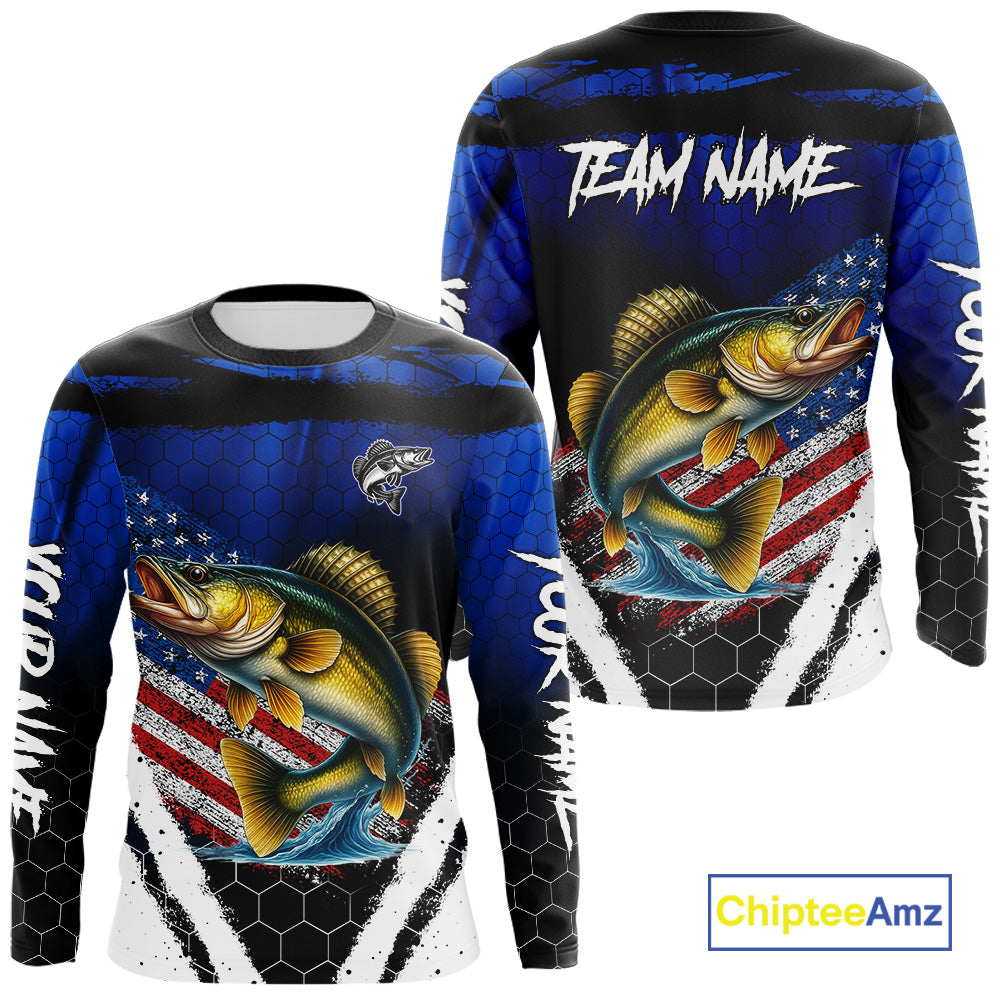 Walleye fishing American Flag Custom patriotic long sleeve team Walleye fishing shirts | Blue NQS10686