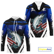 Load image into Gallery viewer, Salmon fishing American Flag Custom patriotic long sleeve team Salmon fishing shirts | Blue NQS10687