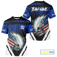Load image into Gallery viewer, Salmon fishing American Flag Custom patriotic long sleeve team Salmon fishing shirts | Blue NQS10687