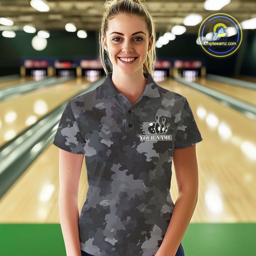 Bowling Polo, Quarter Zip shirts For Women Custom bowling ball & pins black camo Bowling Team Jersey NQS10889