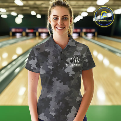Bowling Polo, Quarter Zip shirts For Women Custom bowling ball & pins black camo Bowling Team Jersey NQS10889