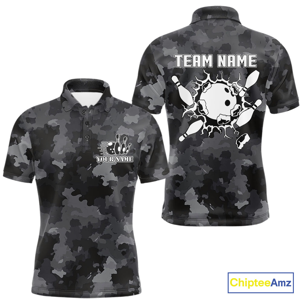 Bowling Polo, Quarter Zip shirts For Men Custom bowling ball and pins black camo Bowling Team Jersey NQS10889