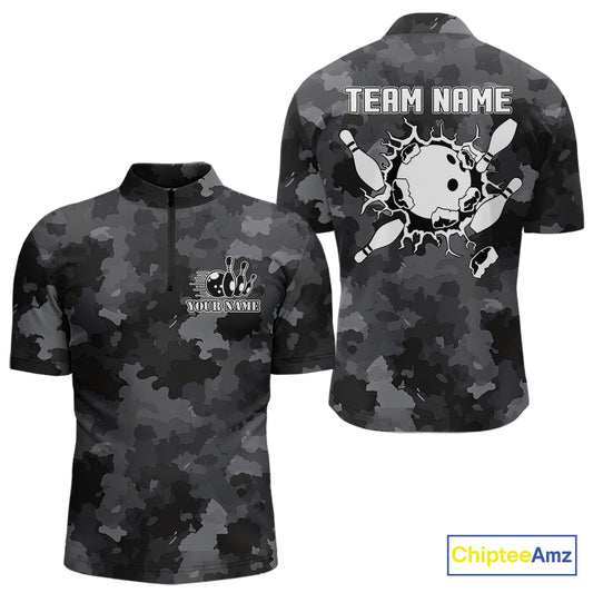 Bowling Polo, Quarter Zip shirts For Men Custom bowling ball and pins black camo Bowling Team Jersey NQS10889