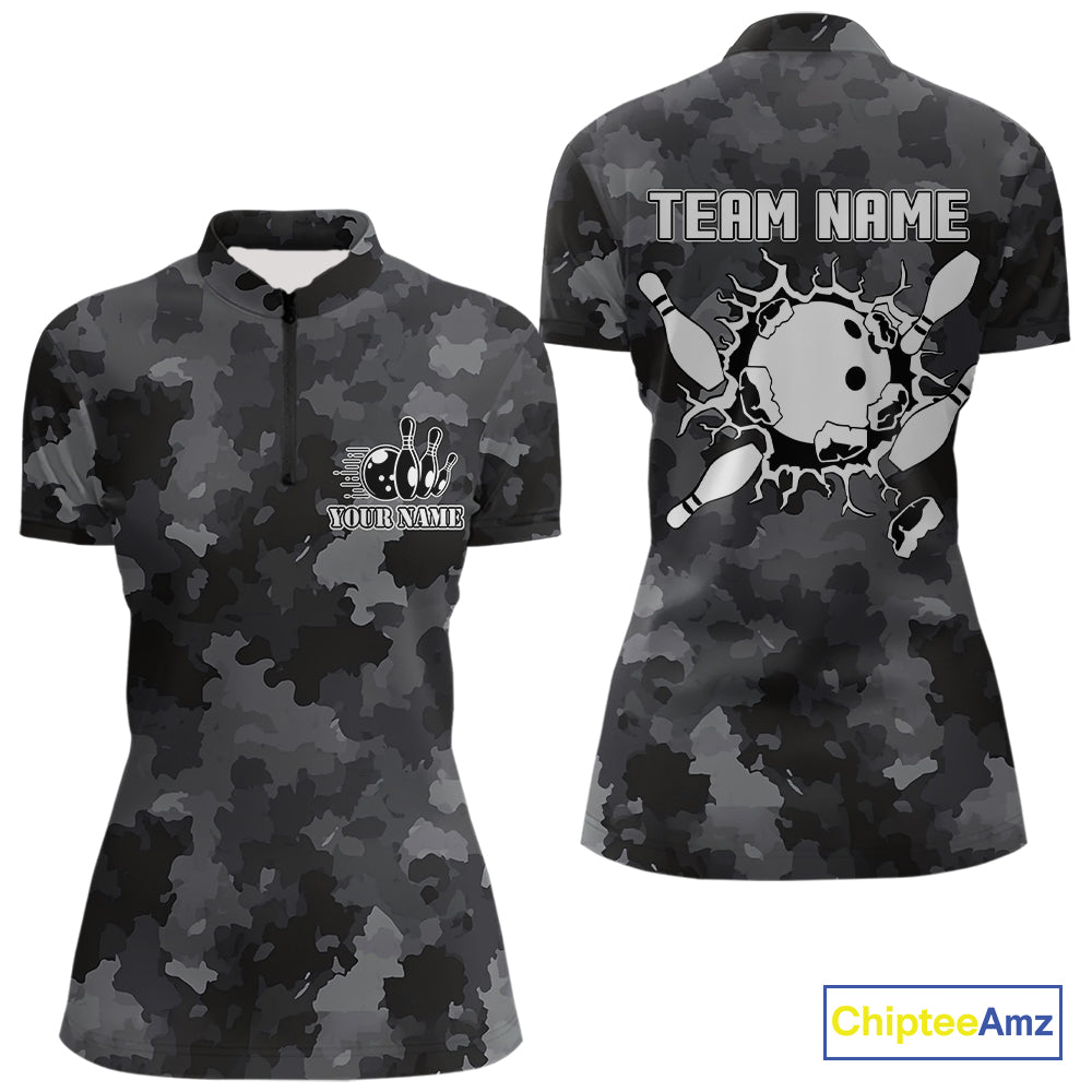 Bowling Polo, Quarter Zip shirts For Women Custom bowling ball & pins black camo Bowling Team Jersey NQS10889
