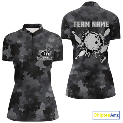 Bowling Polo, Quarter Zip shirts For Women Custom bowling ball & pins black camo Bowling Team Jersey NQS10889