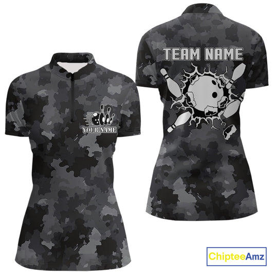 Bowling Polo, Quarter Zip shirts For Women Custom bowling ball & pins black camo Bowling Team Jersey NQS10889