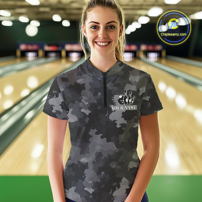 Bowling Polo, Quarter Zip shirts For Women Custom bowling ball & pins black camo Bowling Team Jersey NQS10889