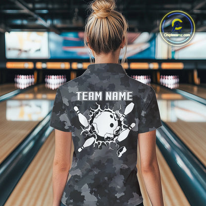 Bowling Polo, Quarter Zip shirts For Women Custom bowling ball & pins black camo Bowling Team Jersey NQS10889