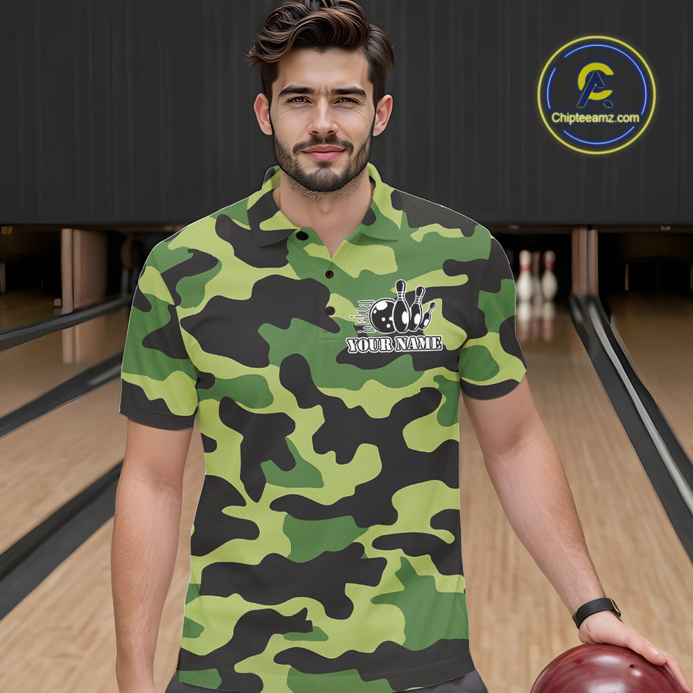 Bowling Polo, Quarter Zip shirts For Men Custom bowling ball and pins Green camo Bowling Team Jersey NQS10890