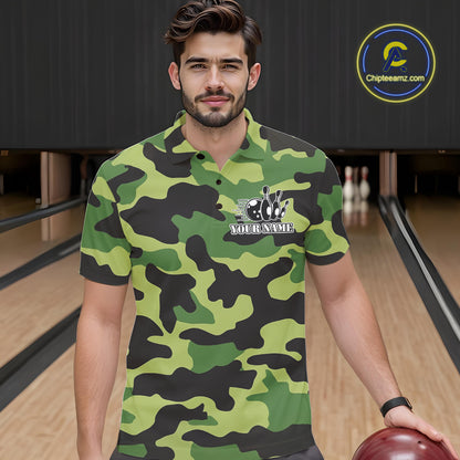 Bowling Polo, Quarter Zip shirts For Men Custom bowling ball and pins Green camo Bowling Team Jersey NQS10890