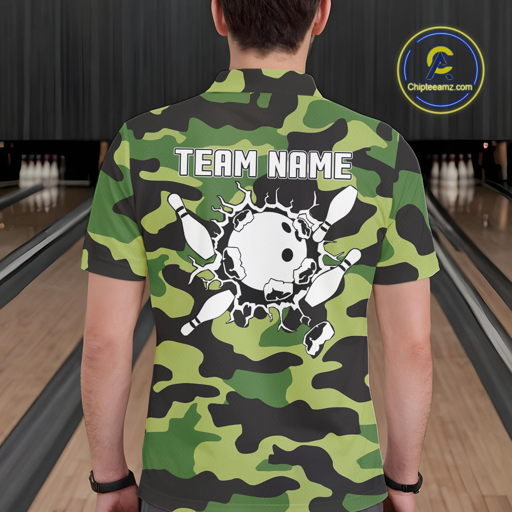Bowling Polo, Quarter Zip shirts For Men Custom bowling ball and pins Green camo Bowling Team Jersey NQS10890