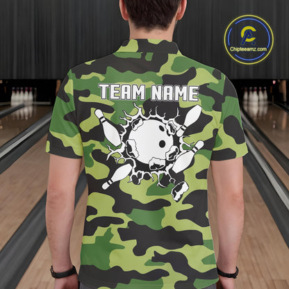 Bowling Polo, Quarter Zip shirts For Men Custom bowling ball and pins Green camo Bowling Team Jersey NQS10890