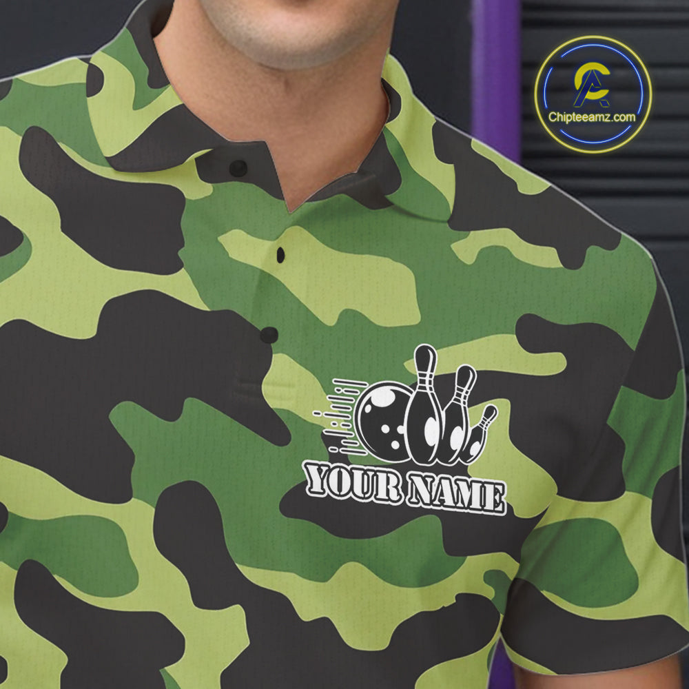 Bowling Polo, Quarter Zip shirts For Men Custom bowling ball and pins Green camo Bowling Team Jersey NQS10890