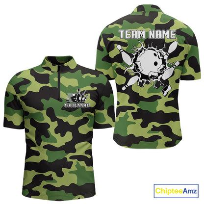 Bowling Polo, Quarter Zip shirts For Men Custom bowling ball and pins Green camo Bowling Team Jersey NQS10890
