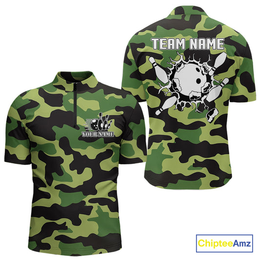 Bowling Polo, Quarter Zip shirts For Men Custom bowling ball and pins Green camo Bowling Team Jersey NQS10890