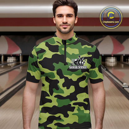 Bowling Polo, Quarter Zip shirts For Men Custom bowling ball and pins Green camo Bowling Team Jersey NQS10890