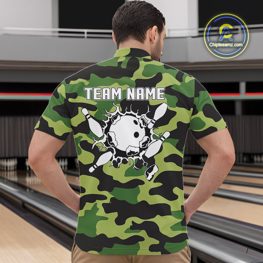 Bowling Polo, Quarter Zip shirts For Men Custom bowling ball and pins Green camo Bowling Team Jersey NQS10890