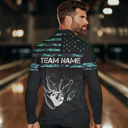 Personalized Turquoise camo American flag Custom Bowling Team Shirts For Mens, Bowling League Jersey NQS9725