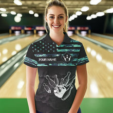 Load image into Gallery viewer, Personalized Turquoise camo American flag Custom Bowling Team Shirts For Women, Bowling League Jersey NQS9725