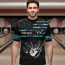Load image into Gallery viewer, Personalized Turquoise camo American flag Custom Bowling Team Shirts For Mens, Bowling League Jersey NQS9725