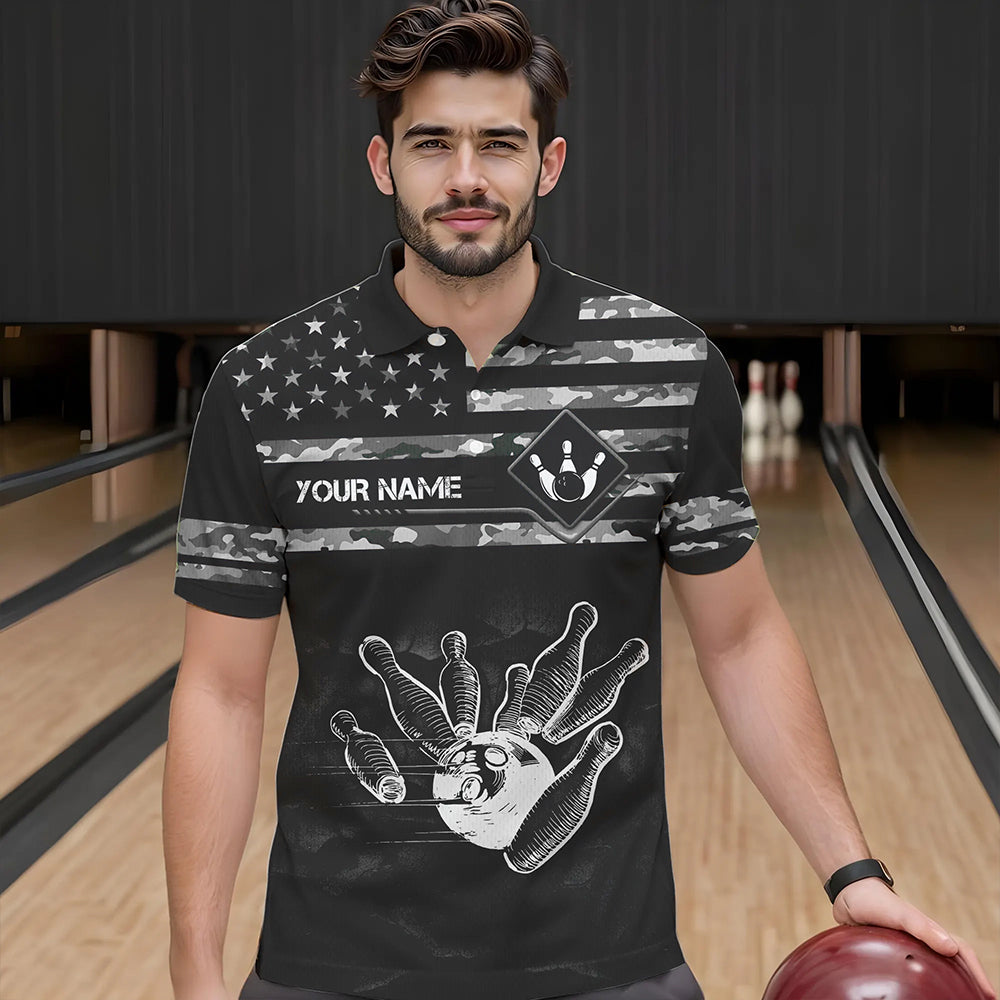 Personalized Black and White camo American flag Custom Bowling Team Shirts For Men Bowling Jersey NQS9726
