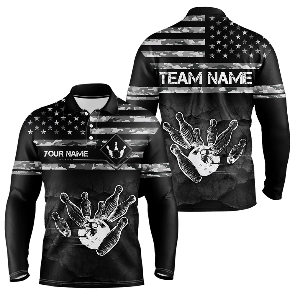 Personalized Black and White camo American flag Custom Bowling Team Shirts For Men Bowling Jersey NQS9726