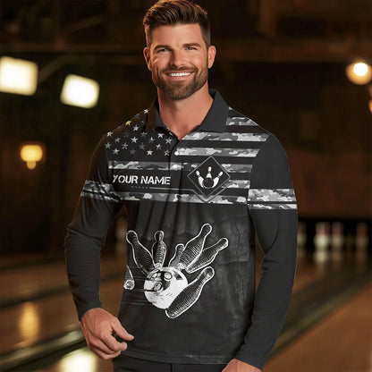 Personalized Black and White camo American flag Custom Bowling Team Shirts For Men Bowling Jersey NQS9726