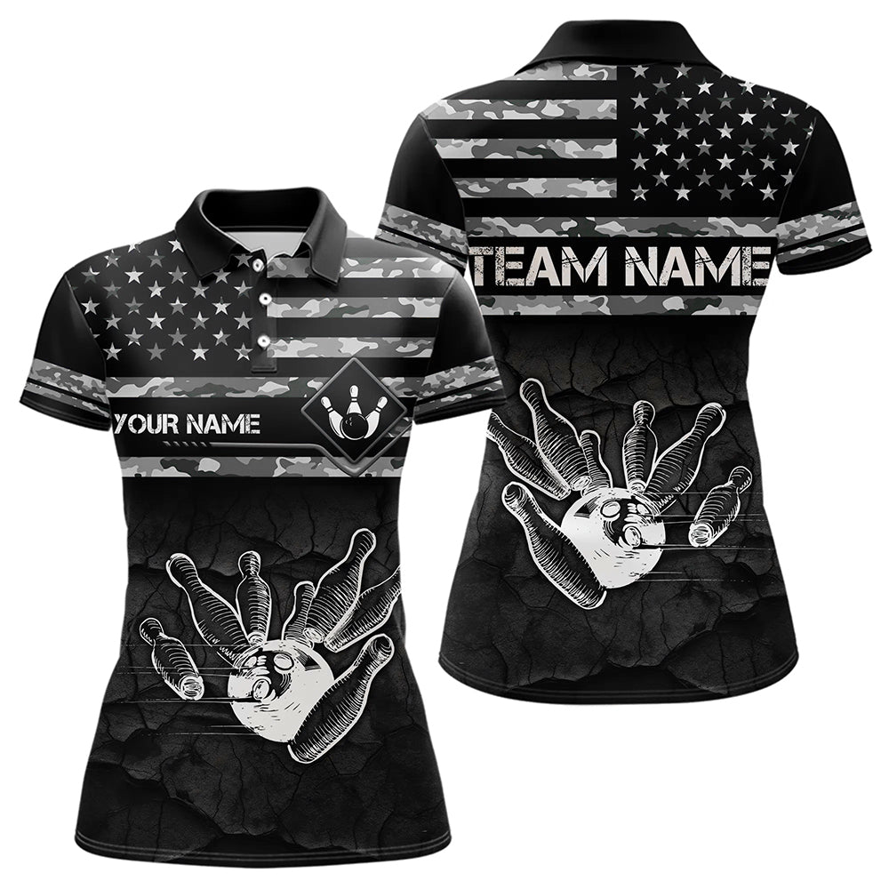 Personalized Black and White camo American flag Custom Bowling Team Shirts For Women Bowling Jersey NQS9726