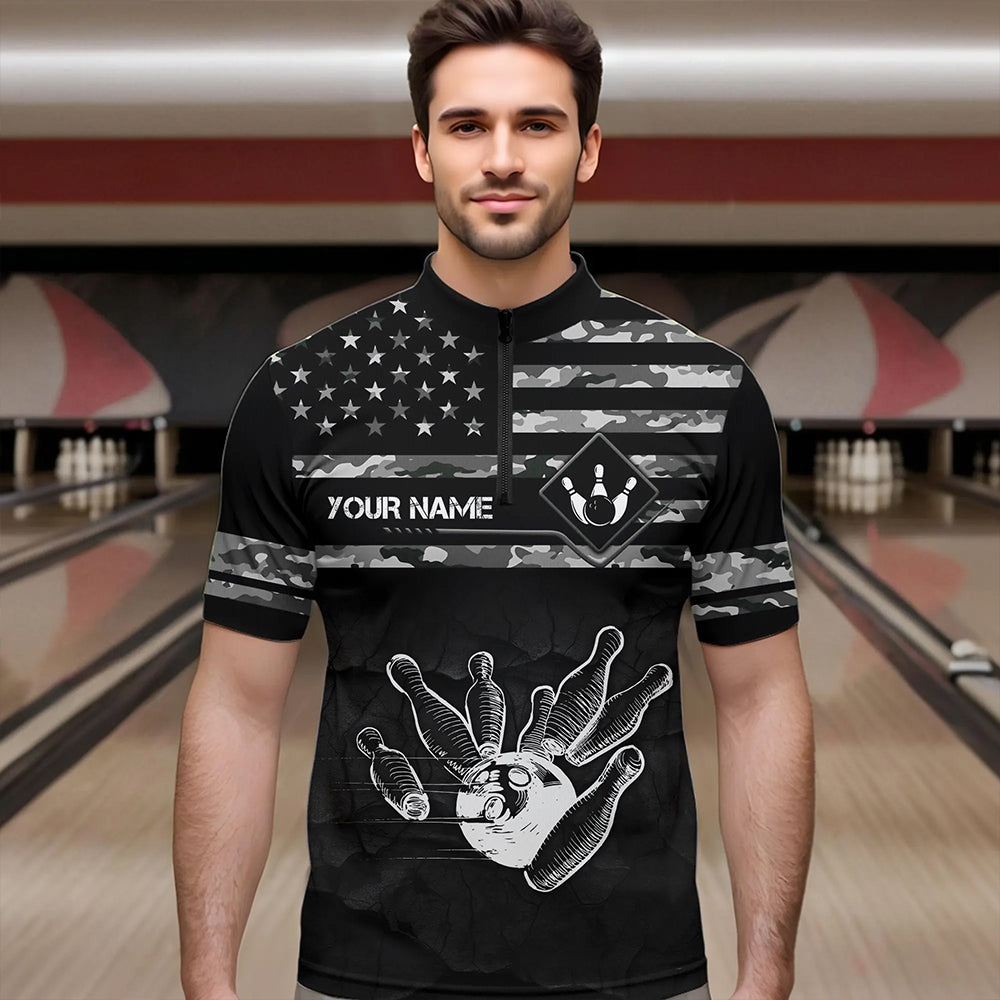 Personalized Black and White camo American flag Custom Bowling Team Shirts For Men Bowling Jersey NQS9726