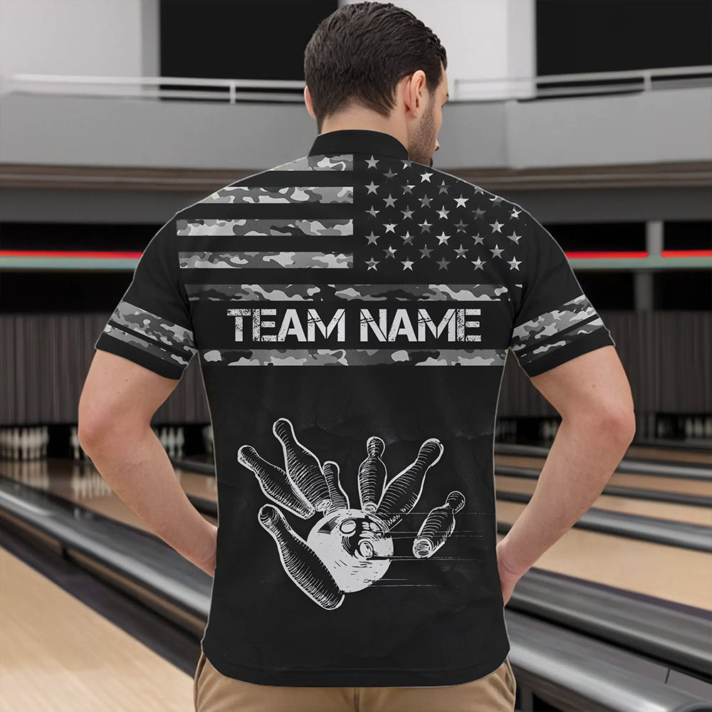 Personalized Black and White camo American flag Custom Bowling Team Shirts For Men Bowling Jersey NQS9726