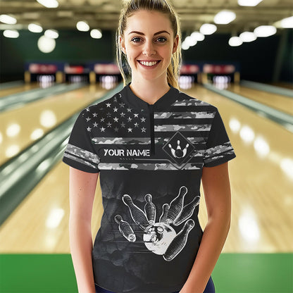 Personalized Black and White camo American flag Custom Bowling Team Shirts For Women Bowling Jersey NQS9726