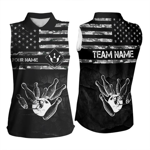 Personalized Black and White camo American flag Custom Bowling Sleeveless Polo Shirt Bowling Jersey NQS9726