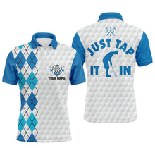Load image into Gallery viewer, White golf shirt mens custom name Just tap it in blue argyle pattern team mens polo golf shirts NQS6157