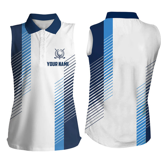 White and blue Women sleeveless polo shirt custom golf ball shirts ladies golf top NQS6162