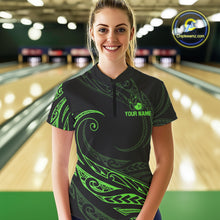 Load image into Gallery viewer, Black and Green Tribal Pattern Bowling Polo, Quarter Zip shirts For Women Custom Team Bowling Jerseys NQS10484