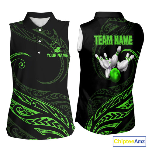 Black and Green Tribal Pattern Bowling Sleeveless Polo shirt Custom Team Bowling Jerseys NQS10484