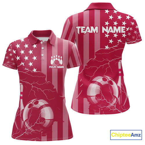 Personalized Pink American flag Lightning thunder Custom Bowling Team Shirt For Women Bowling Jersey NQS10488
