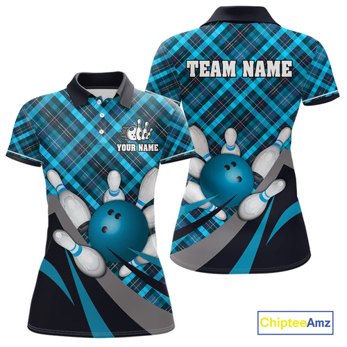 Blue Plaid pattern Bowling shirts For Women Custom Team Bowling Jersey Xmas Gift For Bowlers NQS10493